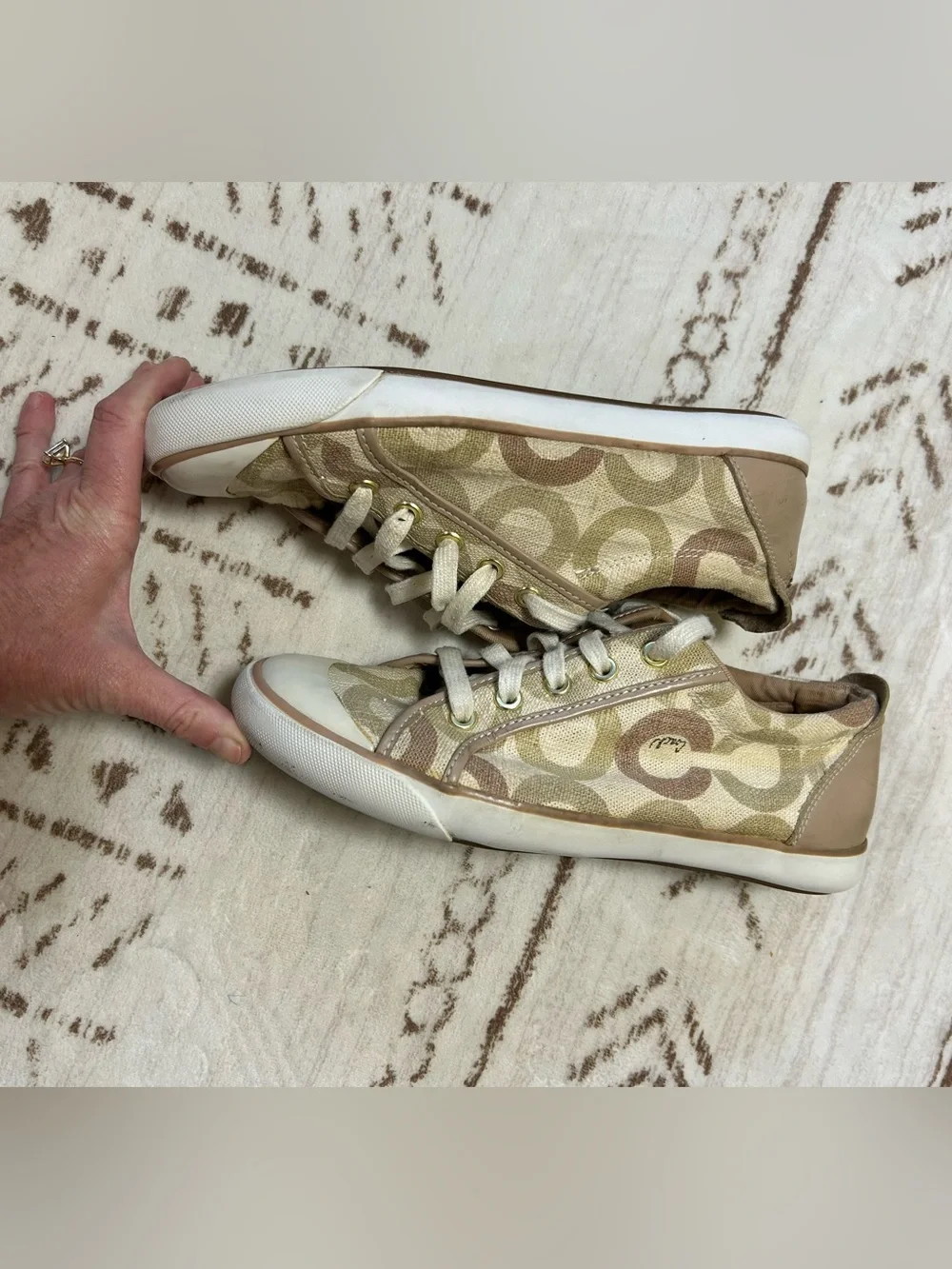 Coach Barrett Signature C Canvas Leather Low Top Sneakers Tan 9B Quiet Luxury